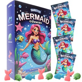 Mermaid Gummy Candy, Individual Bags for Party Favors, Tail, Fish, and Shell Shaped Gummies, Assorted Fruit Flavors, 18 Count