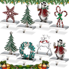 Therwen Set of 8 Christmas Stocking Holder Fireplace Stocking Hooks Mantel Snowman Snowflakes Christmas Tree Deer Christmas Stocking Hooks Decoration for Fireplace Shelf Staircases Party (Fresh)