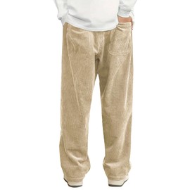 Hidkat Mens Corduroy Casual Pants Fashion Loose Fit Wide Leg Pants Straight Sweatpants Elastic Waist Drawstring Khaki