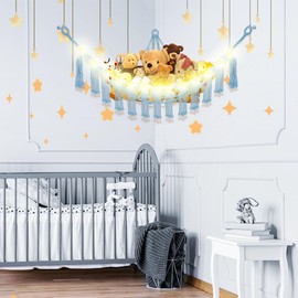 CERETIA Stuffed Animal Hammock with LED Light, Toy Hammock for Stuffed Animals Storage for Kids Room Decor, Stuffed Animal Hammock Corner, Baby Blue