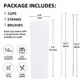 Volhoply 16oz Plastic Skinny Tumbler With Lid and Straw Bulk 10 Pack,Insulated Double Wall BPA Free Matte Acrylic Tumblers,Iced Coffee Travel Reusable Party Cup,Customizable Diy Gifts(White,10 Set)