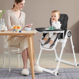 HONEY JOY High Chair with Wheels, Foldable Highchair for Babies & Toddlers, Adjustable Backrest/Footrest/Seat Height, Double Removable Trays, Detachable Seat Cushion for Boys Girls