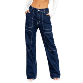 Sidefeel High Waisted Cargo Jeans for Women Wide Leg Stretchy Boyfriend Denim Pants Size 16 Blue
