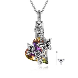 MONGAS Butterfly Urn Necklaces for Ashes Sterling Silver Cremation Butterfly Jewelry for Women Heart Crystal Urn of Loved Ones Grandma Sister Remembrance Condolence Gift for Loss Human, No Gemstone