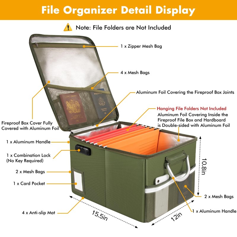 TOMKID 5200°F Fireproof Document Box, Fire Important Document Organizer with