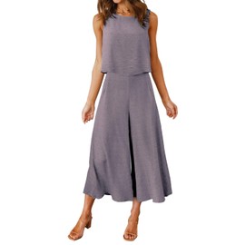 ROYLAMP Women's Summer 2 Piece Outfits Round Neck Crop Basic Top Cropped Wide Leg Pants Set Beach Jumpsuits Grey Swiss Dot XL