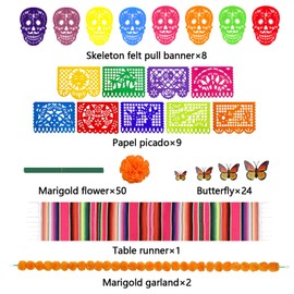 Coneatness 94 Pcs Dia De Los Muertos Decorations Ofrenda Set, Day of The Dead Decor for Altar, Include Papel Picado, Marigold Flowers, Garlands, Table Runner, Monarch Butterflies, Felt Skulls Banner