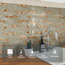 Yipscazo 10 Sheets Peel and Stick Stone Metal Tile Backsplash, Stick on Tiles for Backsplash Kitchen, Bathroom, Laundry Room, Camper, Fireplace (12'' X 12'', Polished Beige)