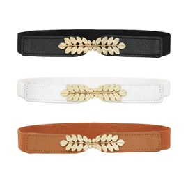 Auptiz Pack of 3 Elastic Waist Belt for Women, Fashionable Elegant Decorative Thin Waist Belt for Dress, Stretchy Belt for Women (White, Black, Brown), B-white, black, brown