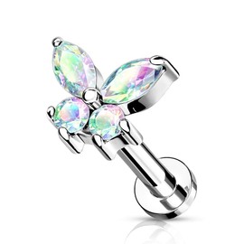Pierced Owl 16G Stainless Steel Internally Threaded CZ Crystal Butterfly Top Flat Back Lip Cartilage Tragus Stud, Metal, cubic zirconia