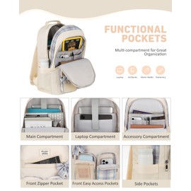 KROSIAS School Backpack for Girls, Cute Kawaii Plaid Kids Bookbag Large 17.3 Inch Laptop Bag for Middle High School College Backpacks for Women Students Teenager, Beige