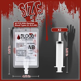 40 paquetes de bolsas de sangre para beber bolsas de sangre Iv con 2 jeringas de 8.8 onzas líquidas para fiesta de Halloween para fiesta de Halloween para vampiro, hospital de zombies, recuerdos de