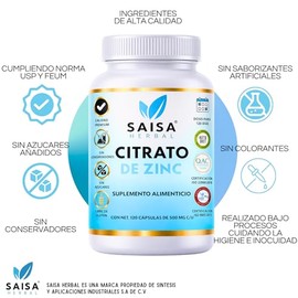 Citrato de Zinc | 15 mg de Zinc Elemental por Cápsula | 120 Cápsulas | Saisa Herbal | Suplemento Alimenticio