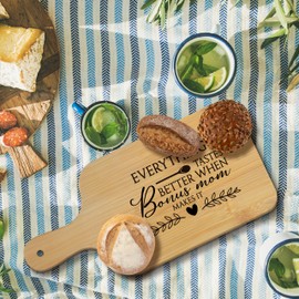 FONDCANYON Bonus Mom Gifts 15x7 Cutting Chopping Board with Handle, Best Step Mother Gifts for Mother's Day Birthday Cutting Boards for Kitchen, Bonus Mom Makes It Decorative Cheese Charcuterie Board