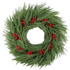 DR.DUDU Norfolk Pine Christmas Wreaths for Front Door - 24 Inch Artificial Greenery Wreath with Red Berries for Outdoor Indoor Xmas Holiday Decor, Farmhouse Winter Decorations
