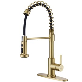 GUUKAR Gold Kitchen Faucet with Pull Down Sprayer, Single Handle Brushed Gold Faucet for Kitchen Sink, Commercial Farmhouse Kitchen Faucet with Deck Plate