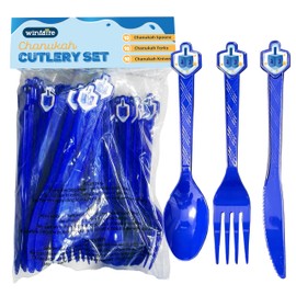 Izzy 'n' Dizzy Hanukkah Cutlery, Dreidel Cutlery Set, Hanukkah Paper Goods, Blue & White - Chanukah Themed Party Supplies - 10 Spoons, 10 forks, 10 Knives (Pack of 30)
