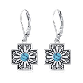 Turquoise Earrings for Women 925 Sterling Silver Western Turquoise Dangle Drop Leverback Earrings Vintage Flower Turquoise Jewelry for Women