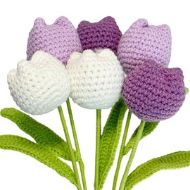 XIZIX Crochet Flowers, 6Pcs Bring Individual Wrapping Paper Crochet Flower Bouquet Purple Tulips Artificial Flowers Decor Hand Woven Flowers Knitted Flower Bouquet with Packaging