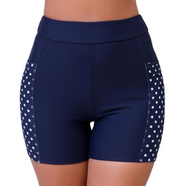 Halcurt Women's 5" High Waisted Swim Board Shorts with Pocket Boyshorts Swimsuit Bottoms Navy Polka Dot XL