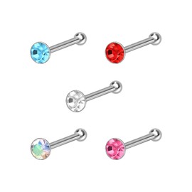 PIERCINGLINE Set of 5 925 Sterling Silver Nose Piercing | Round Crystal | Piercing Nose Stud, Silver, Crystal