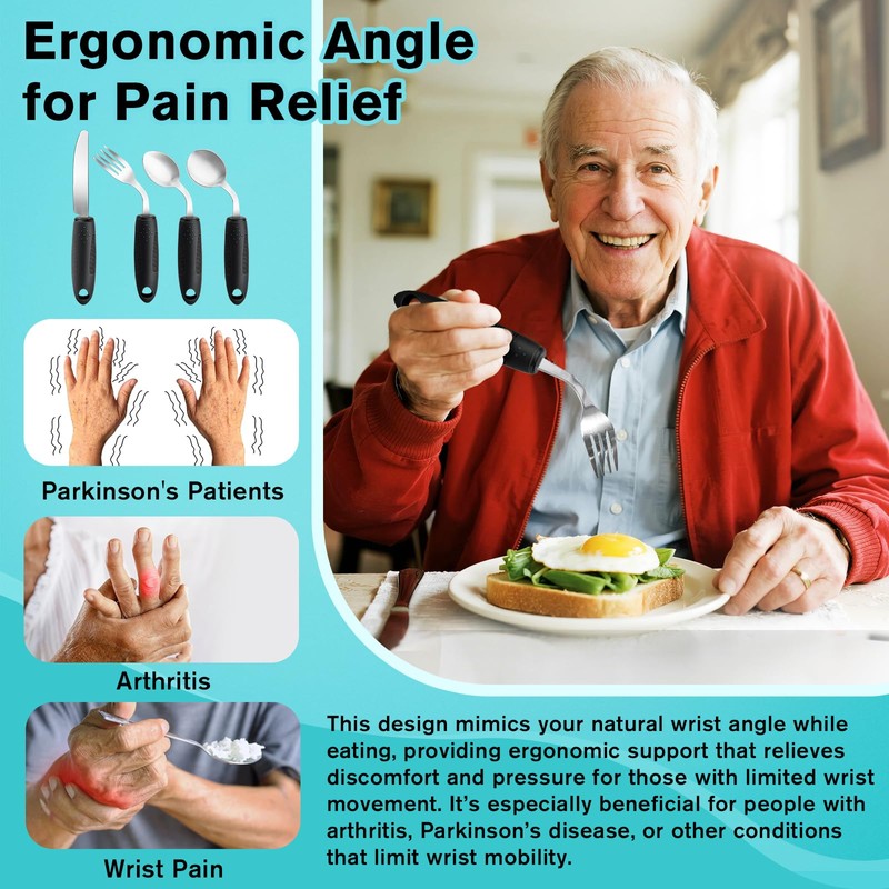AuntyFey 4Pcs Weighted Adaptive Utensils, 45°Angled Parkinsons Utensils for Elderly,