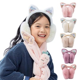 TIKLO Earmuffs Kids Cat Earmuffs, Foldable, Cold Protection, Fluffy, Thermal, Cute, Sequins, For Kids, Girls, Boys, Cat Ears, Earmuffs, Winter Commutes, School Commutes, Autumn, Winter, Kindergarten,