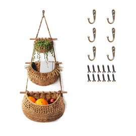 3 Tier Hanging Fruit Basket,Wall Hanging Vegetable Fruit Baskets,Storage Boho Hanging Planter,Cotton Woven Storage Baskets for Organizing,Wall Basket Decor,Over the Door Organizer for Kitchen,Bedroom