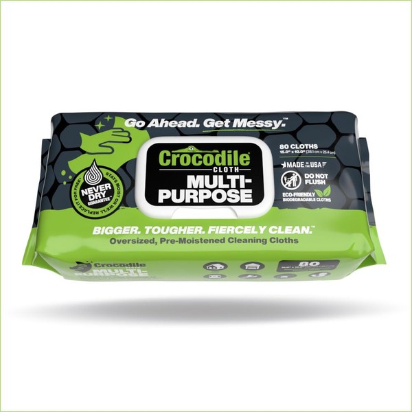 Crocodile Cloth Multi-Purpose Household Cleaning Wipes - The Stronger Easier Way To Clean Grease, Dirt, Dust, Grime, & Glue From Hands, Tables, and More - 80 Oversized, Heavy-Duty Biodegradable Wipes
