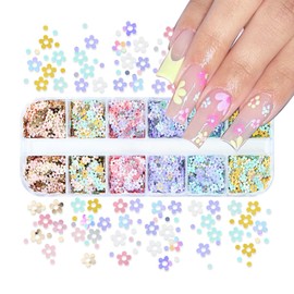 12 Grids Flower Nail Art Glitter Sequins 3D Holographic Floral Nail Flakes Spring Summer Colorful Flower Nail Art Supplies Acrylic Nails Tips Accessories for Women Girls Eye Face Nails Decorations