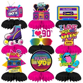 INRUI 9 Pieces 90s Party Honeycomb Centrepieces Back to 90s Themed Birthday Party Decorations Retro 1990s Hip Hop Party Table Toppers Supplies