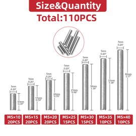 110Pcs Dowel Pins Shelf Support Pegs Kit, Stainless Steel Shelf Support Pin Fasten Elements Assortment Set M5 x 10/15/20/25/30/35/40mm, Metal Cabinet Shelf Pins Kit.