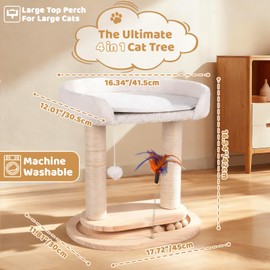 Heyfriday 5-in-1 Small Wooden Cat Tree Tower,16.5''H Natural Sisal Cat Scratching Post Climbing Tower with Bed,Interactive Cat Feather Toy,Ball Track Toy for Kittens and Indoor Cats,White