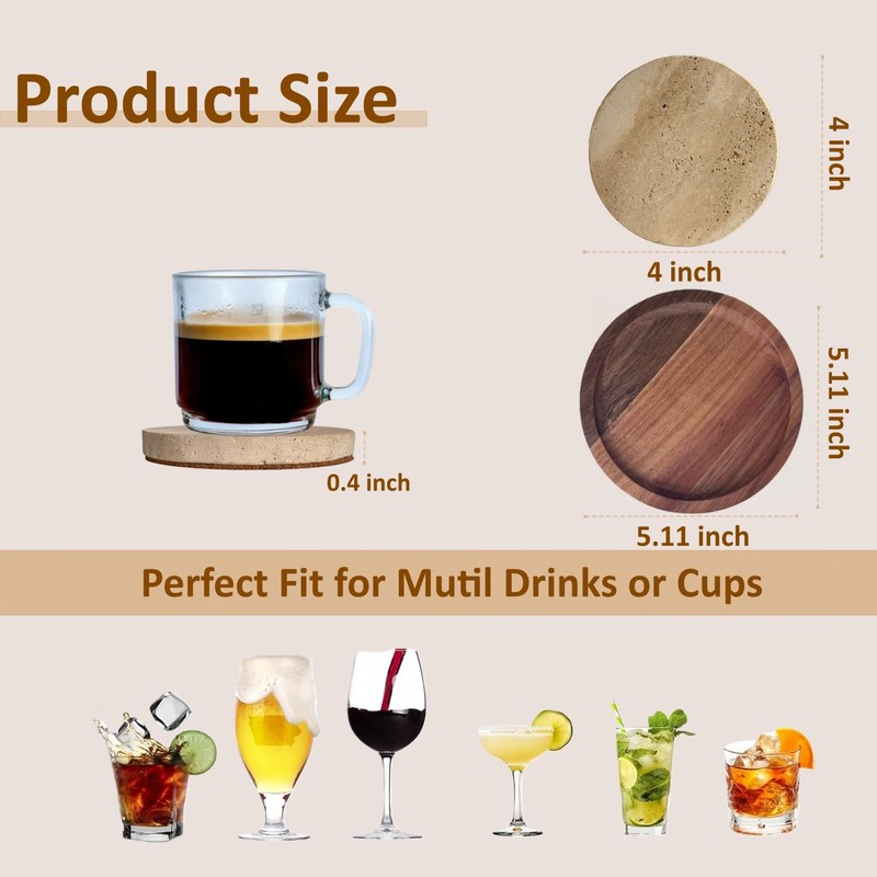 4" Round Natural Travertine Marble Coasters with Cork Backing,Stone Drink