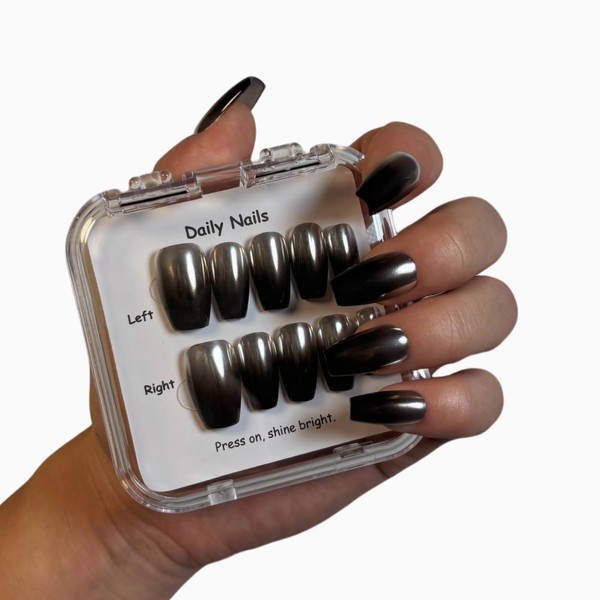 Handmade Press On Nails Square Long Silver Black Magic Mirror