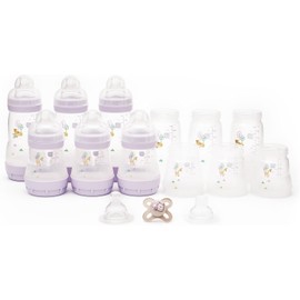 MAM Anti-Colic Bottle and Dummy Set, 17 Pieces, Lilac (Designs Vary)