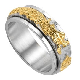 Tckyi 8mm Stainless Steel Dragon Design Spinner Ring for Men, Two-Tone Silver and Gold Plated, Rotating Band (silver and gold, 10)