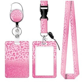 Id Badge Holder with Lanyard,Retractable Badge Holders Reels,Breakaway Lanyards for ID Badges,Cute Fashion Key Chain Keychains,Badge Clips for School Office(Pink Leopard Pattern)