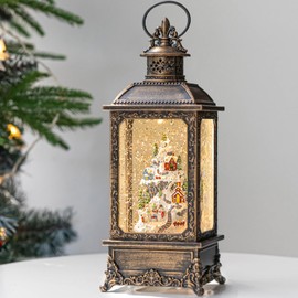 Christmas Village Snow Globe Lantern Musical Lighted Snowy Mountain Village Water Lantern with Swirling Glitter Decoration for Christmas Home, Living Room, Battery Operated or USB Powered