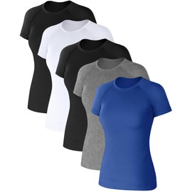 Coume 5 Pack Women's Compression Shirts Short Sleeve Workout Tops Dry Fit Crew Neck Athletic T Shirts Yoga Running Tight Tee(Black White Grey Blue,L)