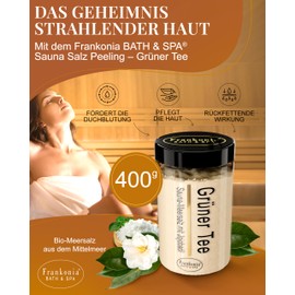 Frankonia BATH & SPA Green Tea Sauna Salt Scrub, 400 g, Organic Sea Salt with Jojoba Oil and Vitamin E, Body Scrub for Sauna, Shower and Steam Bath