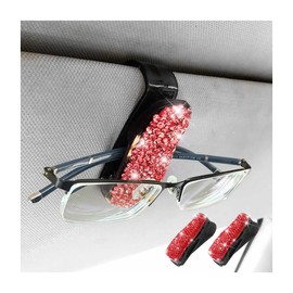 CGEAMDY Pack of 2 Glasses Holder for Car Sun Visor, Sunglasses Holder with Bling Rhinestones & Business Card Clip, Bling Crystal Car Interior Accessories (Red)