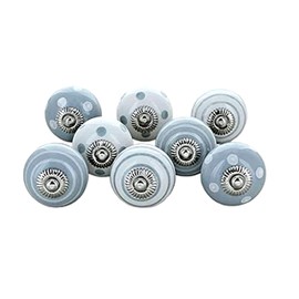 Perilla Home Set of 8 Handmade White & Grey Spot Stripe Knob Ceramic Cupboard Furniture Knob Handle for Kitchen Bedroom Kid's Room Pull for Drawer Cupboard Cabinet Dresser
