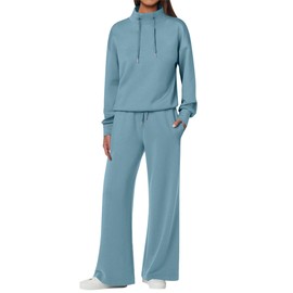 ANRABESS Womens 2 Piece Outfits Sweatsuit Set 2024 Fall Drawstring Sweatshirt Wide Leg Sweatpant Lounge Set Tracksuit Grey Green Small