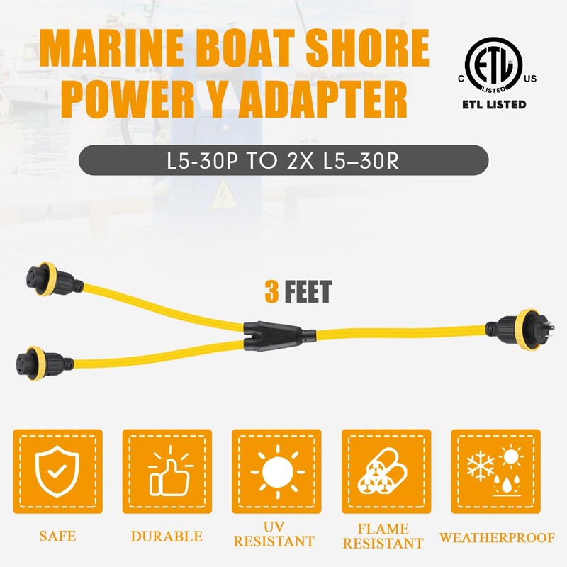 Kanayu 3FT RV Marine Boat Shore Power Adapter L5-30P Male