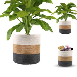 YDQUANI Woven Cotton Rope Plant Basket for Flower Pot Indoor Planters, 12" x 12" Jute Foldable Storage Basket Organizer Modern Decor Household Laundry Basket