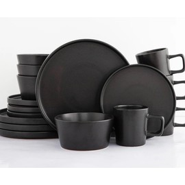Banvikon Black Dinnerware Ceramic Set, 16 Pieces Premium Dinner Plates, Bowls, Cup Sets of 4, Scratch Resistant, Dishwasher & Microwave Safe Ceramic Dinnerware Sets, Matte Finish(Black)