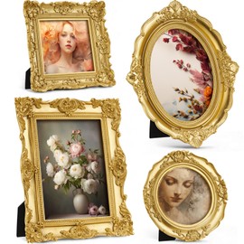 Beeveer 4 Pcs Vintage Picture Frames Resin Classic Baroque Gold Photo Frames with Glass Front Ornate Wall Hanging and Tabletop Display for Weddings Home Hotel Photography Retro Decoration(Floral)