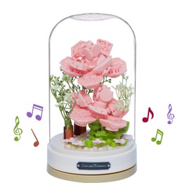 OLTLYUNH Flower Bouquet Set Rotating Music Box DIY Friends Set Botanical Collection Flowers Bonsai Tree Building Blocks Valentine's Anniversaries New Year Birthday Gift for Women Friends(Pink Rose)