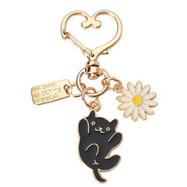 Black Cat Keychain Daisy Charm Key Chain Gifts for Cat Lovers Birthday Christmas Gifts for Cat Owner Cat Themed Gift Cute Animal Kitty Key Rings Charms Heart Clip Keyring for Women Men Girls Boys